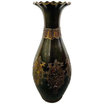 Monumental Art Nouveau Black & Gold Enameled Vase with Floral Etching Design