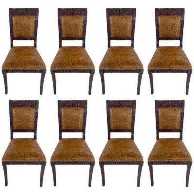 French Empire Style Mahogany & Leather Shaylantae Legs Dining Chair, A Set of 8
