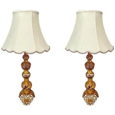 Hollywood Regency Chinese Style Bronze Filigree Design Tiered Table Lamp, a Pair