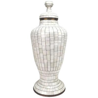 Mid-Century Off-White Mosaic Natural Bone with Brass Inlay Urn or Vase