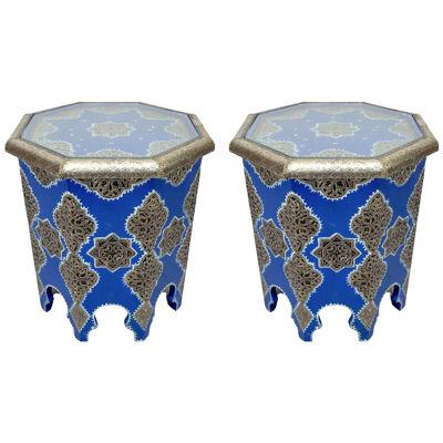 Moroccan Boho Chic White Brass Inlaid Side or End Table in Blue, a Pair