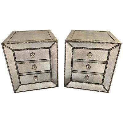 Modern Directoire Style Mirrored Studded 3-Drawer Nightstand, a Pair