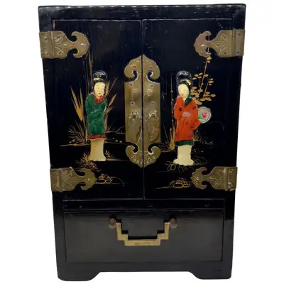 Chinoiserie Style Black Lacquered Jewlery Chest or Cabinet