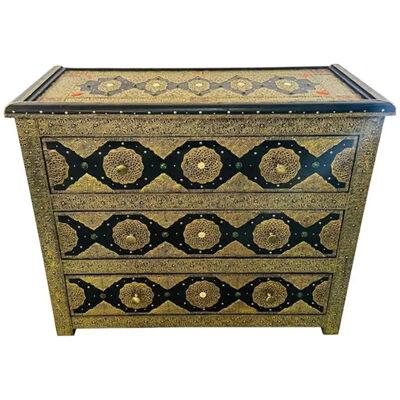 Palatial Hollywood Regency Commode, Chest, Nightstand in Brass and Ebony