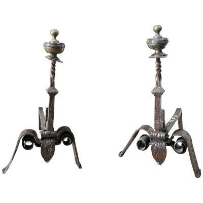 19th century Louis XIV style iron firedogs 