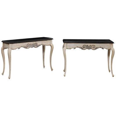 French Pair Black & Greige Console Tables