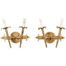 French Pair Two-Light Sconces, Gold Iron