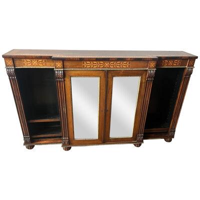 19th Century English Regency Inlaid Rosewood Breakfront Bookcase Cabinet