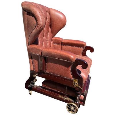 Labeled 19th Century London Made Reclining Mechanical Library Chair on Castors