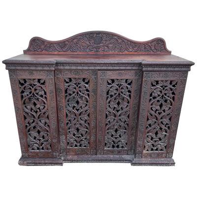 19th Century, Anglo Indian 4 Door Credenza with Carved Pineapple Backsplash