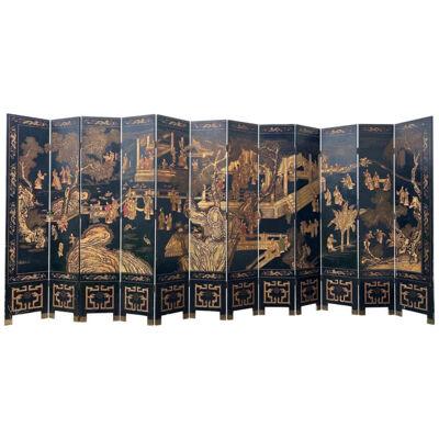 Incredible 18’ wide 12 panel lacquered chinoiserie screen