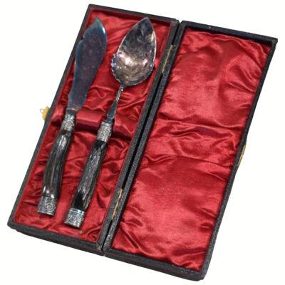 Antiqued Boxed Silver Plated Antler Handled Cutlery Set