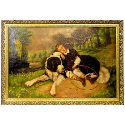 Large Oil On Canvas "Best Friends", Signed G. Hoy, 1930