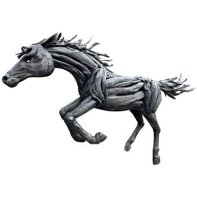 Lifesize Driftwood Black Horse Sculpture, Handcrafted by Artist, IDN 2024