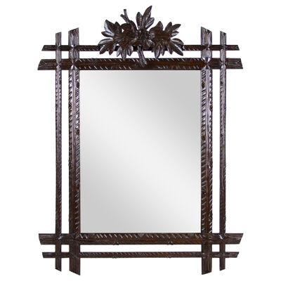 Black Forest Rustic Wall Mirror with Center Top Carving, Austria, circa 1890