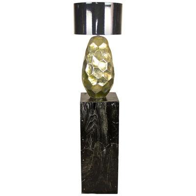 Contemporary Golden Ceramic Table Lamp Glazed on Black Teak Pedestal
