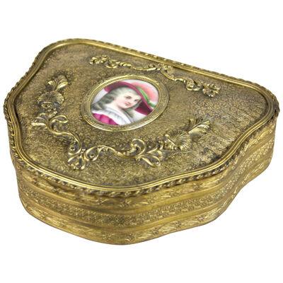 Firegilt Brass Jewelry Box with Porcelain Picture, Austria, circa 1860