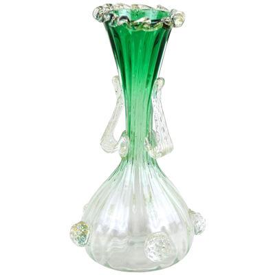 Green/ White Murano Glass Vase With 24k Gold Flakes by Fratelli Toso, IT ca 1930
