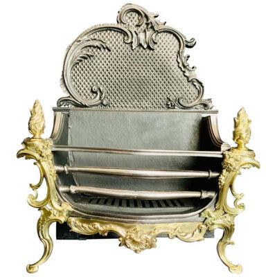 19th Century Victorian French Rococo Style Brass & Iron Fire Grate Basket