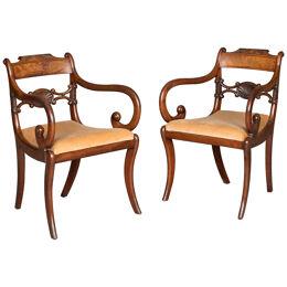 Pair of English Regency Mahogany Armchairs with Scrolled Arms