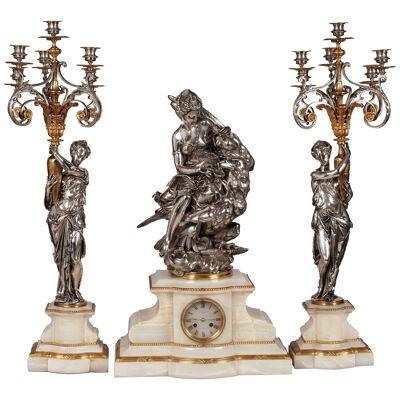 Silvered Bronze Clock Set depicting Hebe & Jupiter's Eagle