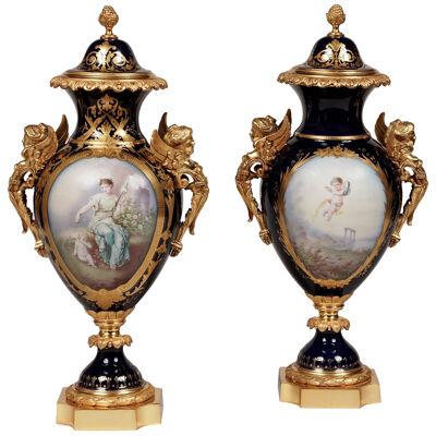 Pair of 'Sèvres' Beau Bleu Porcelain Vases
