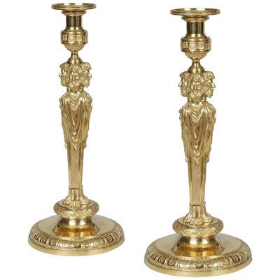 Pair of Louis XVI Style Ormolu Candlesticks in the Manner of Pierre Gouthière