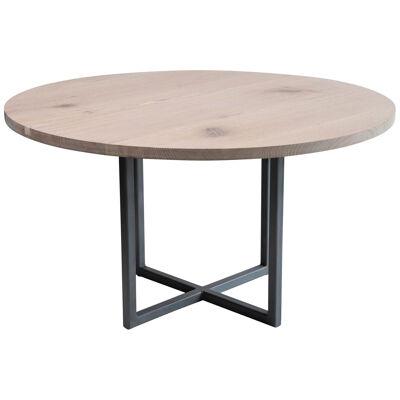 36" Round Dining Table in White Oak and Pewter Inlays Modern Steel Pedestal Base