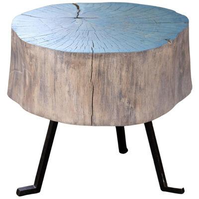 End Grain Round Side Table Blue and Light Wood with Black Patina Steel Legs