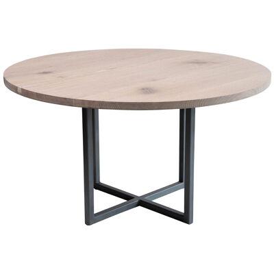 48" Round Dining Table in White Oak and Pewter Inlays Modern Steel Pedestal Base