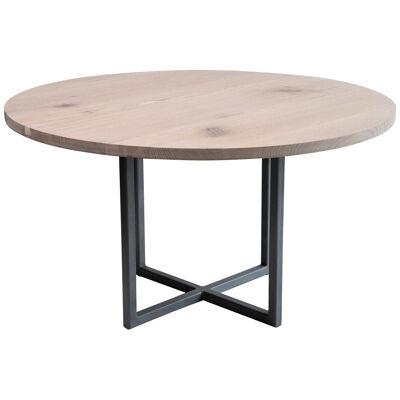 60" Round Dining Table in White Oak and Pewter Inlays Modern Steel Pedestal Base