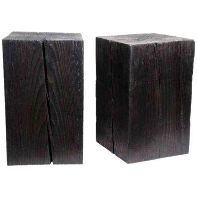 Asian Style Black Solid Wood Cube Side Table Shou Sugi Ban (12" x 12")