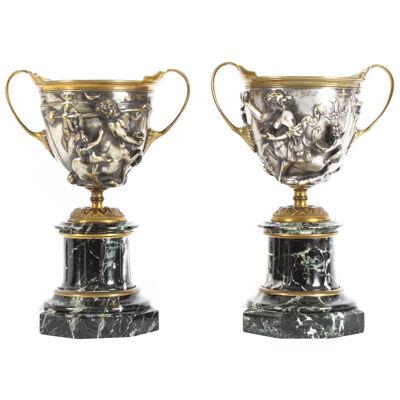 Antique Pair French Grand Tour Silvered Bronze Pedestal Urns C1860 19th C