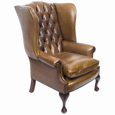 Bespoke Leather Chippendale Wingback Chair Armchair yellow tan