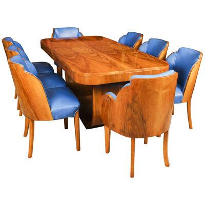 Antique Art Deco Burr Walnut Dining Table & 8 Cloud Back Chairs C1930