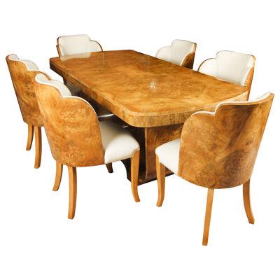 Antique Art Deco Burr Walnut Dining Table & 6 Cloud Back Chairs C1920
