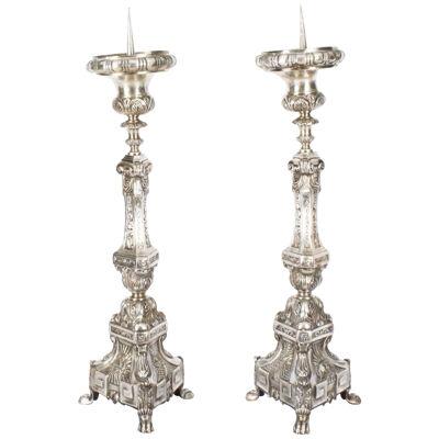 Antique Pair Large Baroque Silver Plated Ecclesiastical Candlesticks 19th C