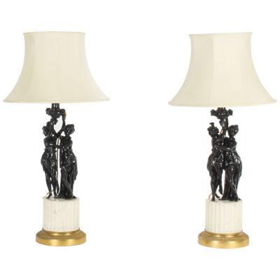 Antique Pair French Bronze Bacchantes Marble Table Lamps Circa 19th Century