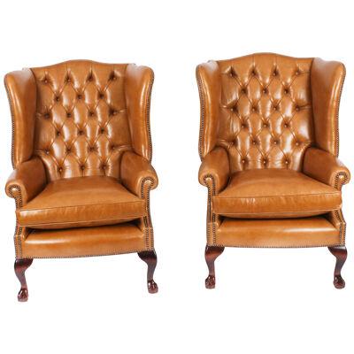 Bespoke Leather Pair Chippendale Wingback Armchairs Bruciato