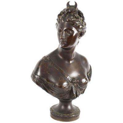 Antique Sculpted Polished Bronze Bust of the Roman Goddess Diana 19th C