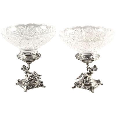 Antique Pair English Victorian Silver Plate & Cut Glass Centrepieces 1883 19th C