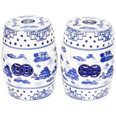 Vintage Pair Japanese Blue & White Porcelain Garden Seats 20th Century
