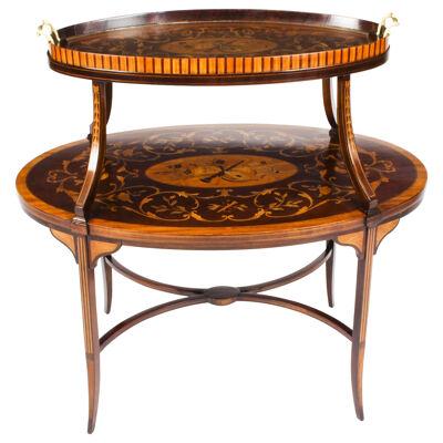 Antique English Marquetry Etagere Tray Table c.1890 19th C