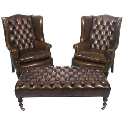 Bespoke Pair Leather Chippendale Wingback Armchairs with stool / coffee table