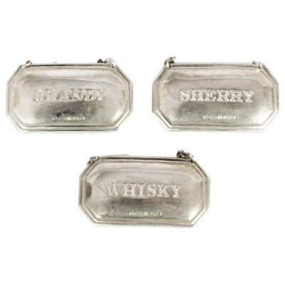 Vintage Set 3 Sterling Silver Drink Labels Whisky,Brandy Dry Sherry Dated 2007