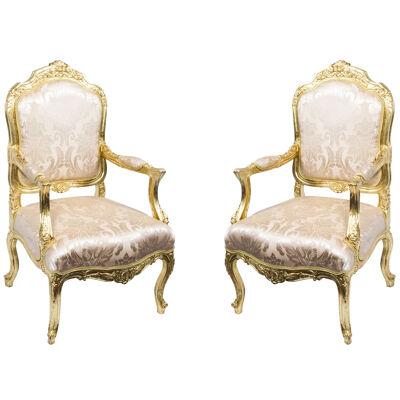 Vintage Pair Louis XV Style French Gilded Armchairs 20th C
