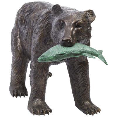 Large Wild Bear Catching Fish Bronze Sculpture