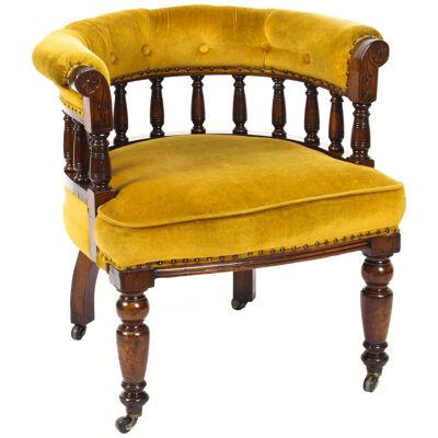 Antique Victorian Walnut Gold Velvet Desk Chair Tub Chair c.1880