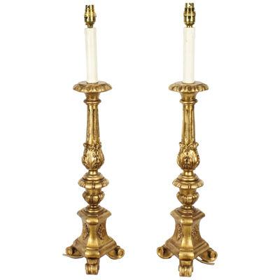 Vintage Pair Italian Baroque Carved & Gilded Table Lamps Mid 20th C