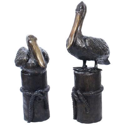Vintage Large Pair Bronze Pelicans on Mooring Posts Late 20th Century